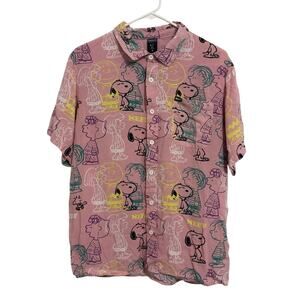 Neff Peanuts Mens Size M Snoopy Charlie Brown Pink Camp Short Sleeve Shirt
